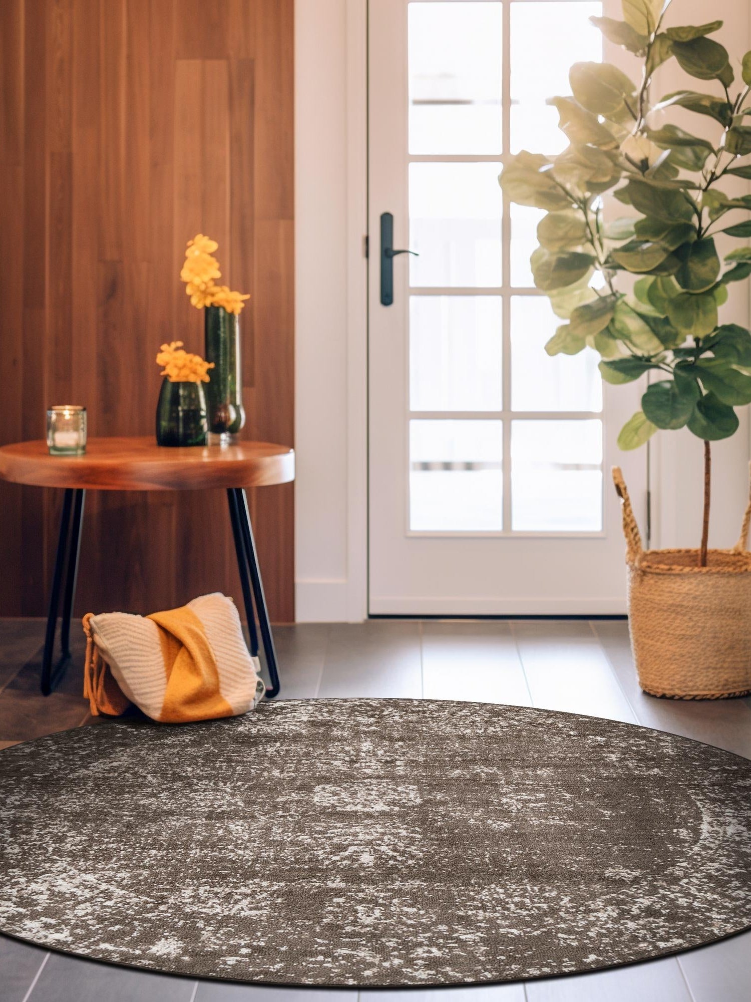 Brown 5' 3 x 5' 3 Sofia Round Area Rug Durable Easy Clean Stain Resistant Unique Carpet for Affordable Interior Home Design for Sale at Rug Engine
