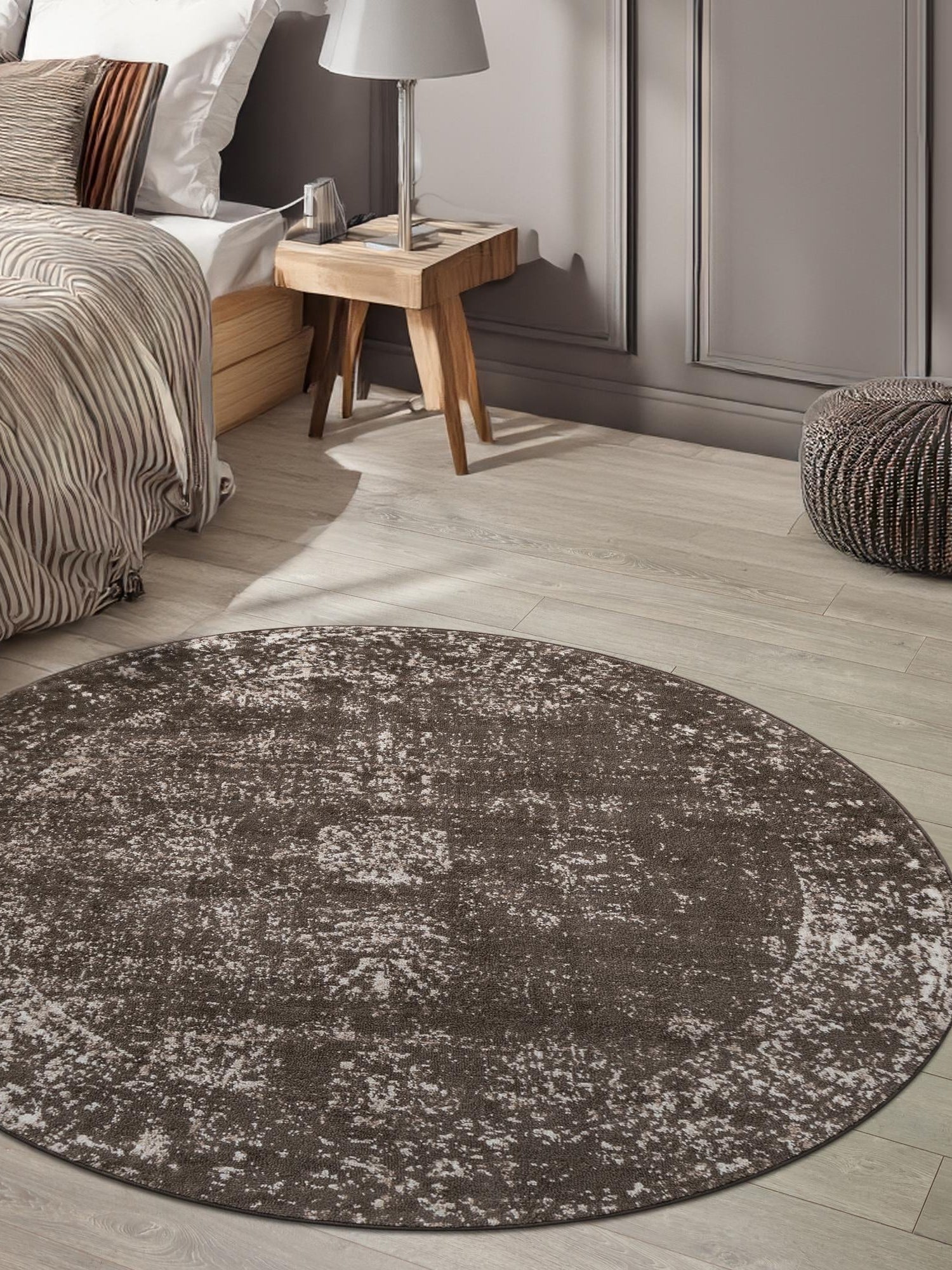 Brown 5' 3 x 5' 3 Sofia Round Area Rug Durable Easy Clean Stain Resistant Unique Carpet for Affordable Interior Home Design for Sale at Rug Engine