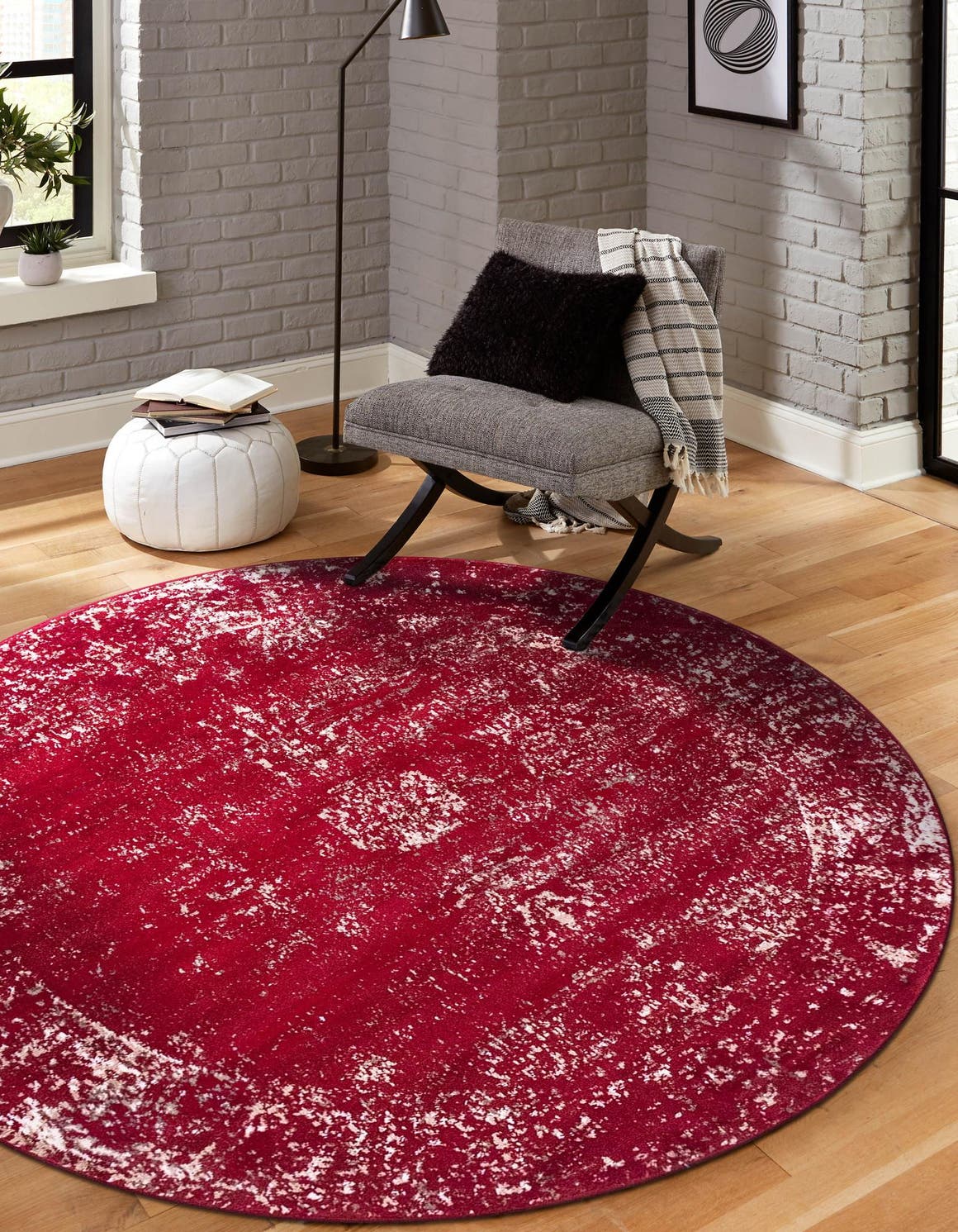 Burgundy 7' 1 x 7' 1 Sofia Round Area Rug Durable Easy Clean Stain Resistant Unique Carpet for Affordable Interior Home Design for Sale at Rug Engine