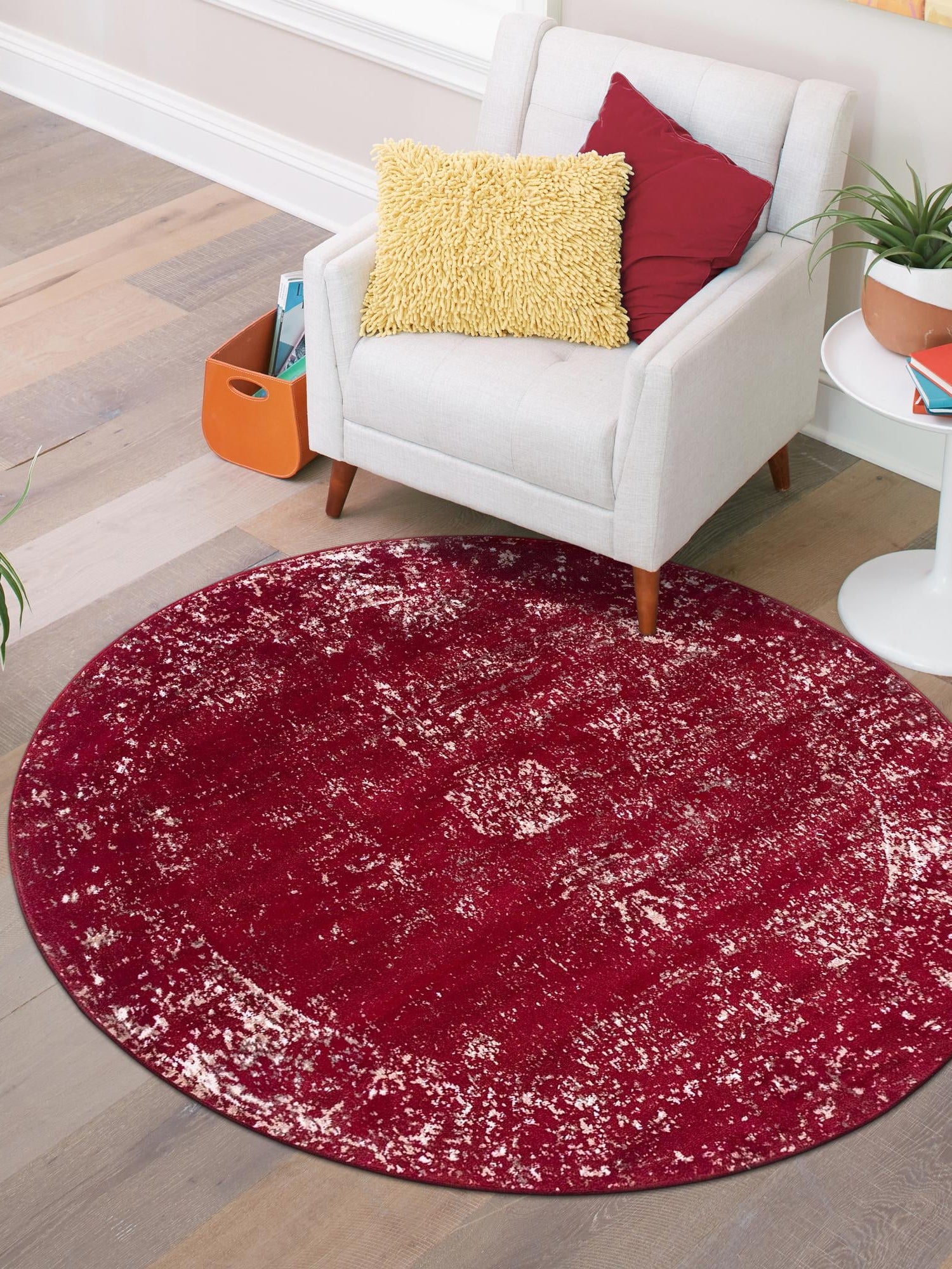 Burgundy 7' 1 x 7' 1 Sofia Round Area Rug Durable Easy Clean Stain Resistant Unique Carpet for Affordable Interior Home Design for Sale at Rug Engine