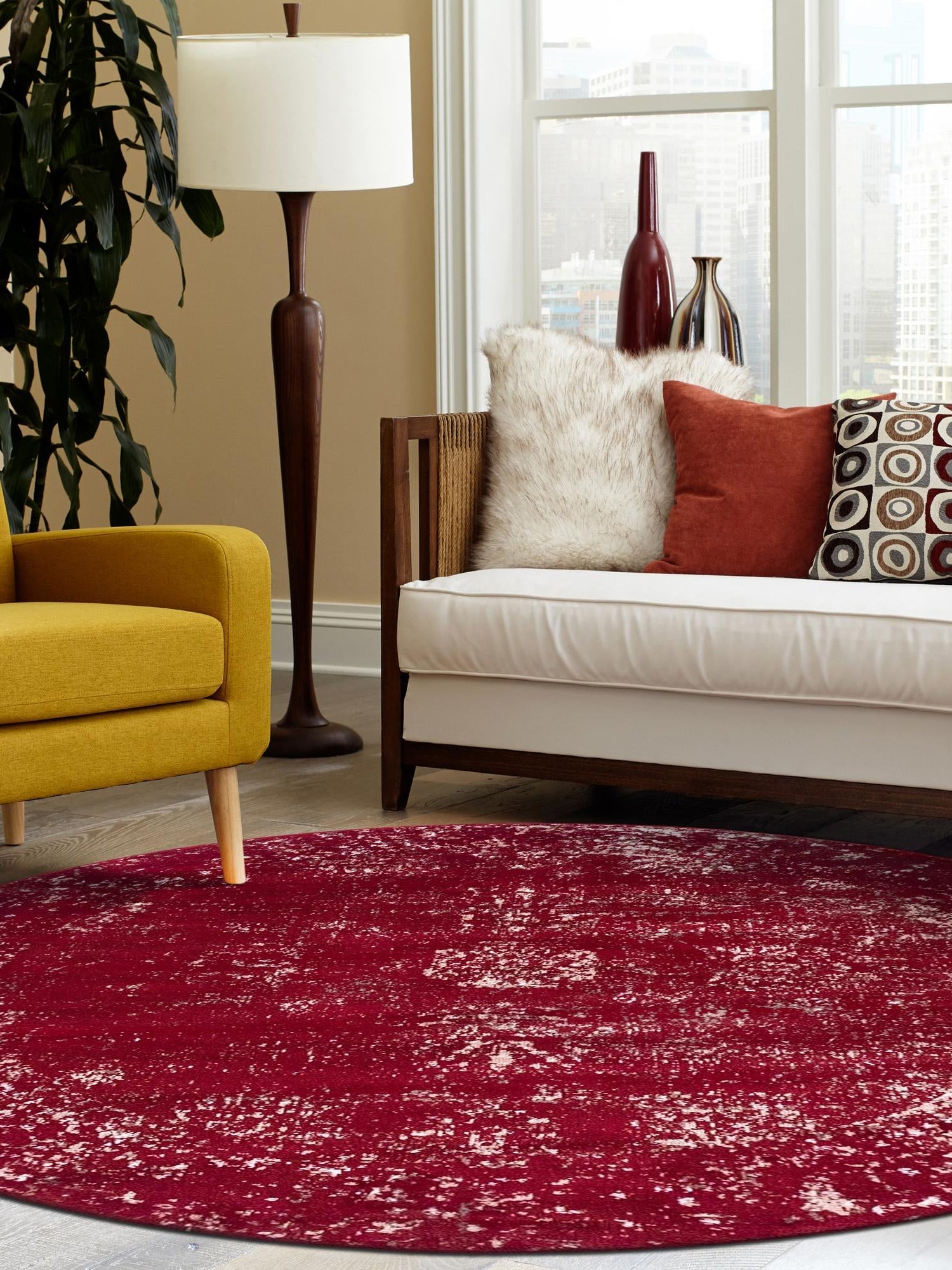 Burgundy 7' 1 x 7' 1 Sofia Round Area Rug Durable Easy Clean Stain Resistant Unique Carpet for Affordable Interior Home Design for Sale at Rug Engine