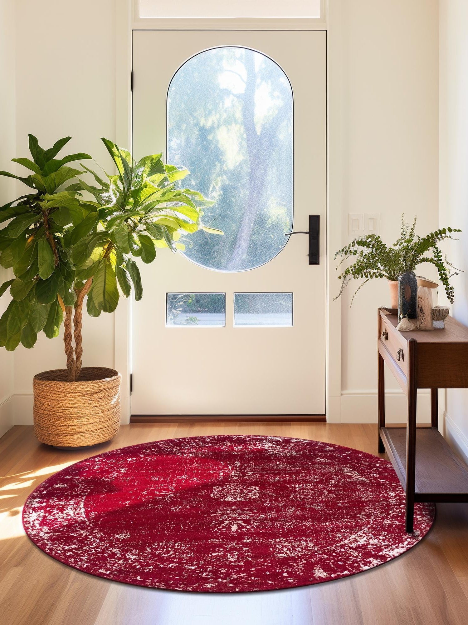 Burgundy 7' 1 x 7' 1 Sofia Round Area Rug Durable Easy Clean Stain Resistant Unique Carpet for Affordable Interior Home Design for Sale at Rug Engine
