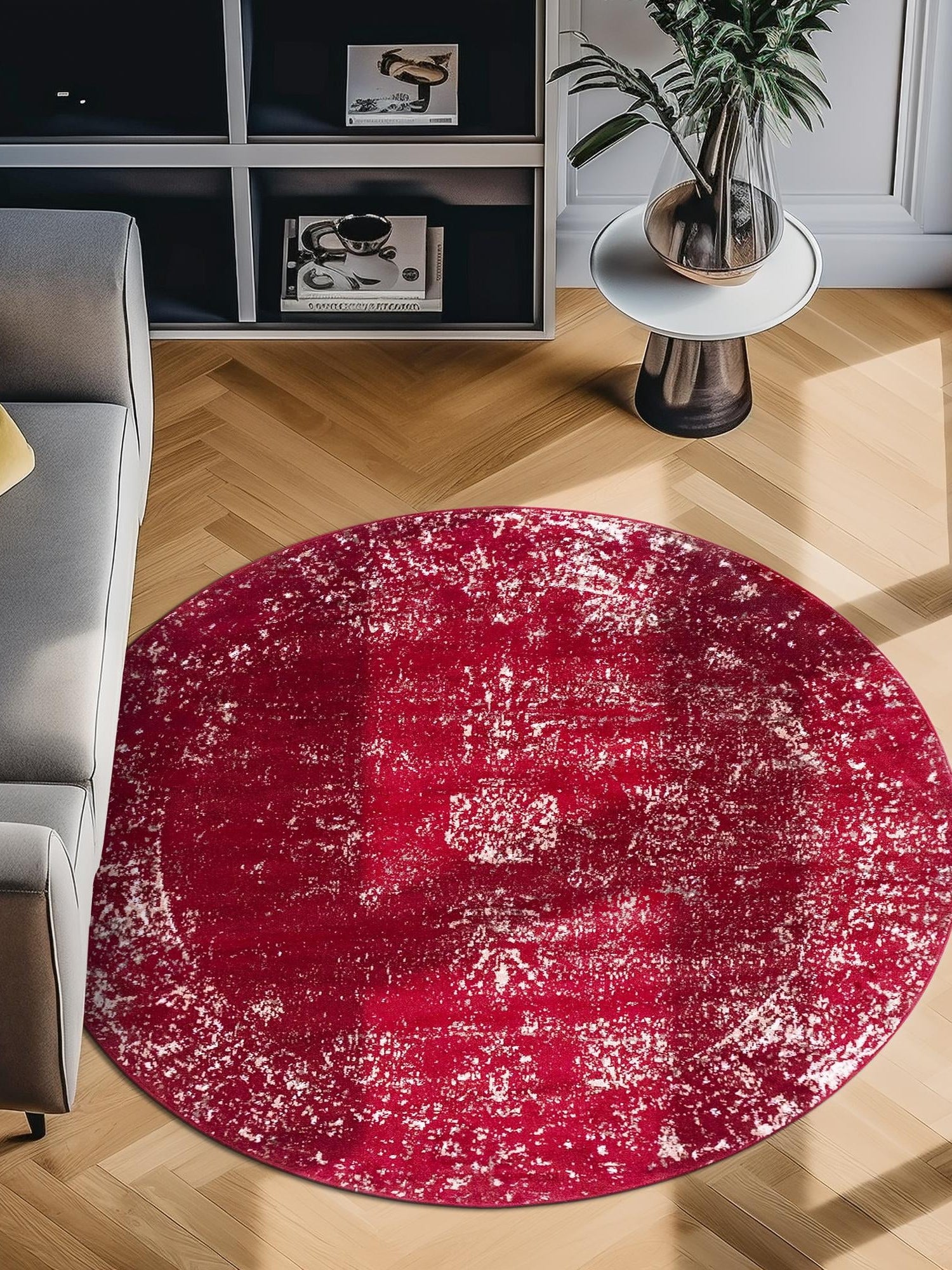 Burgundy 5' 3 x 5' 3 Sofia Round Area Rug Durable Easy Clean Stain Resistant Unique Carpet for Affordable Interior Home Design for Sale at Rug Engine