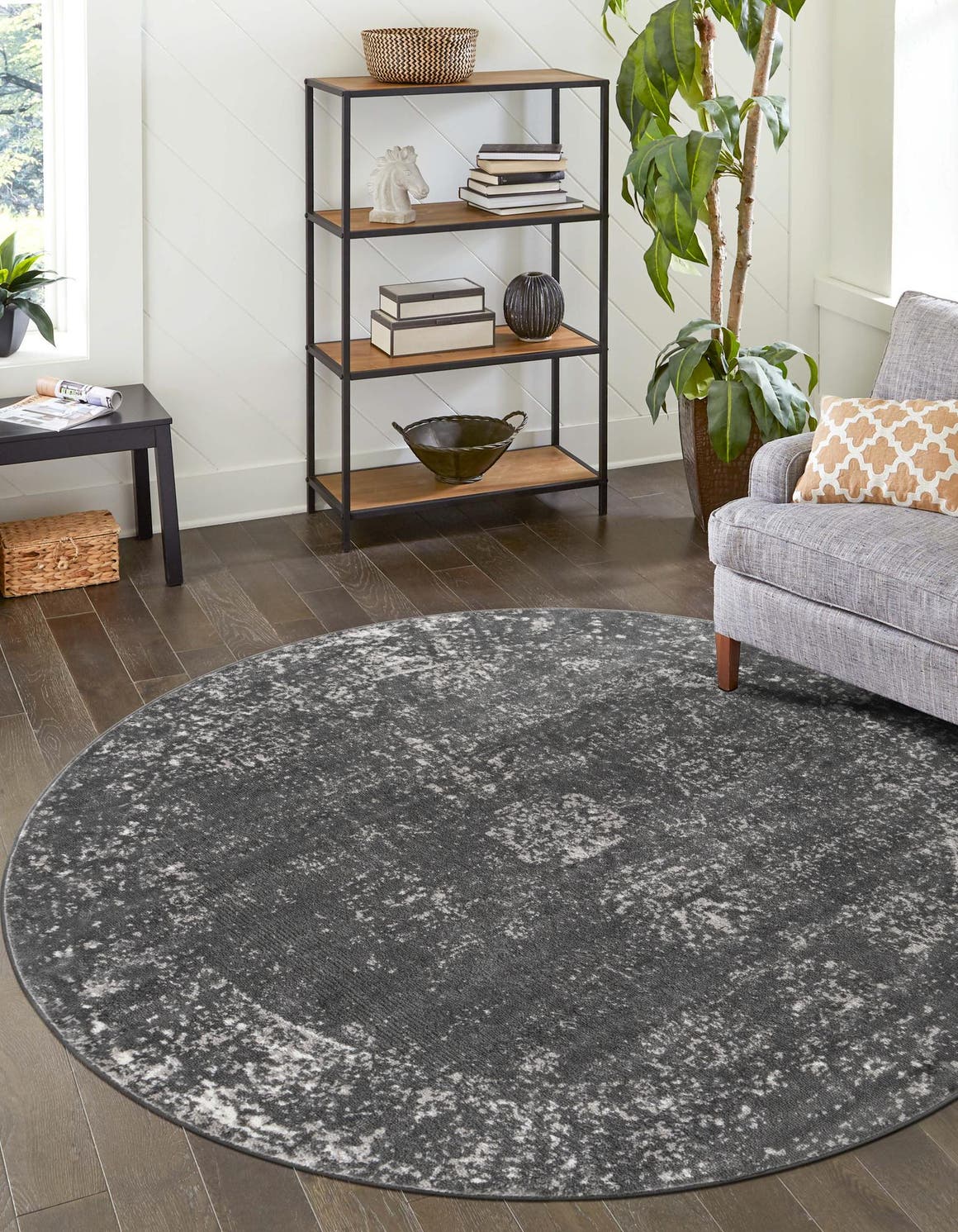 Dark Gray 5' 3 x 5' 3 Sofia Round Area Rug Durable Easy Clean Stain Resistant Unique Carpet for Affordable Interior Home Design for Sale at Rug Engine