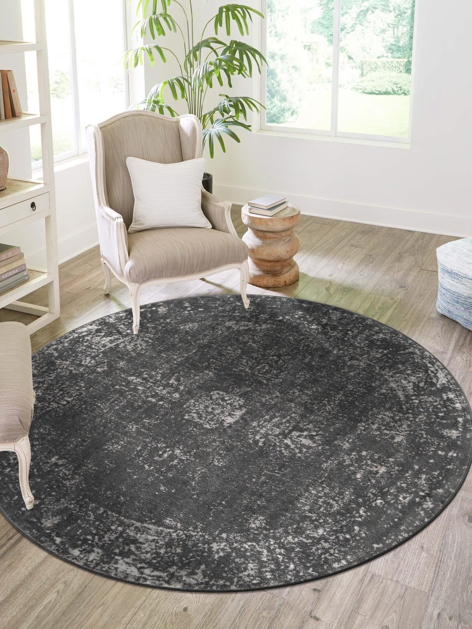 Dark Gray 7' 1 x 7' 1 Sofia Round Area Rug Durable Easy Clean Stain Resistant Unique Carpet for Affordable Interior Home Design for Sale at Rug Engine