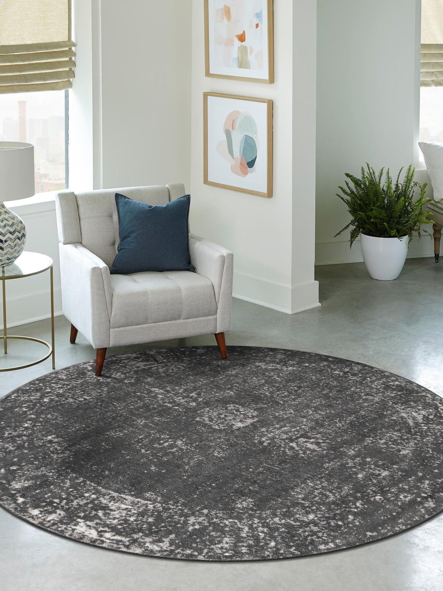 Dark Gray 5' 3 x 5' 3 Sofia Round Area Rug Durable Easy Clean Stain Resistant Unique Carpet for Affordable Interior Home Design for Sale at Rug Engine