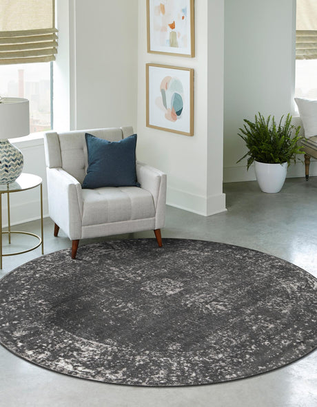 Dark Gray 7' 1 x 7' 1 Sofia Round Area Rug Durable Easy Clean Stain Resistant Unique Carpet for Affordable Interior Home Design for Sale at Rug Engine