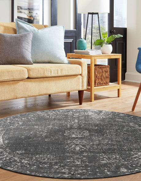 Dark Gray 3' 1 x 3' 1 Sofia Round Area Rug Durable Easy Clean Stain Resistant Unique Carpet for Affordable Interior Home Design for Sale at Rug Engine