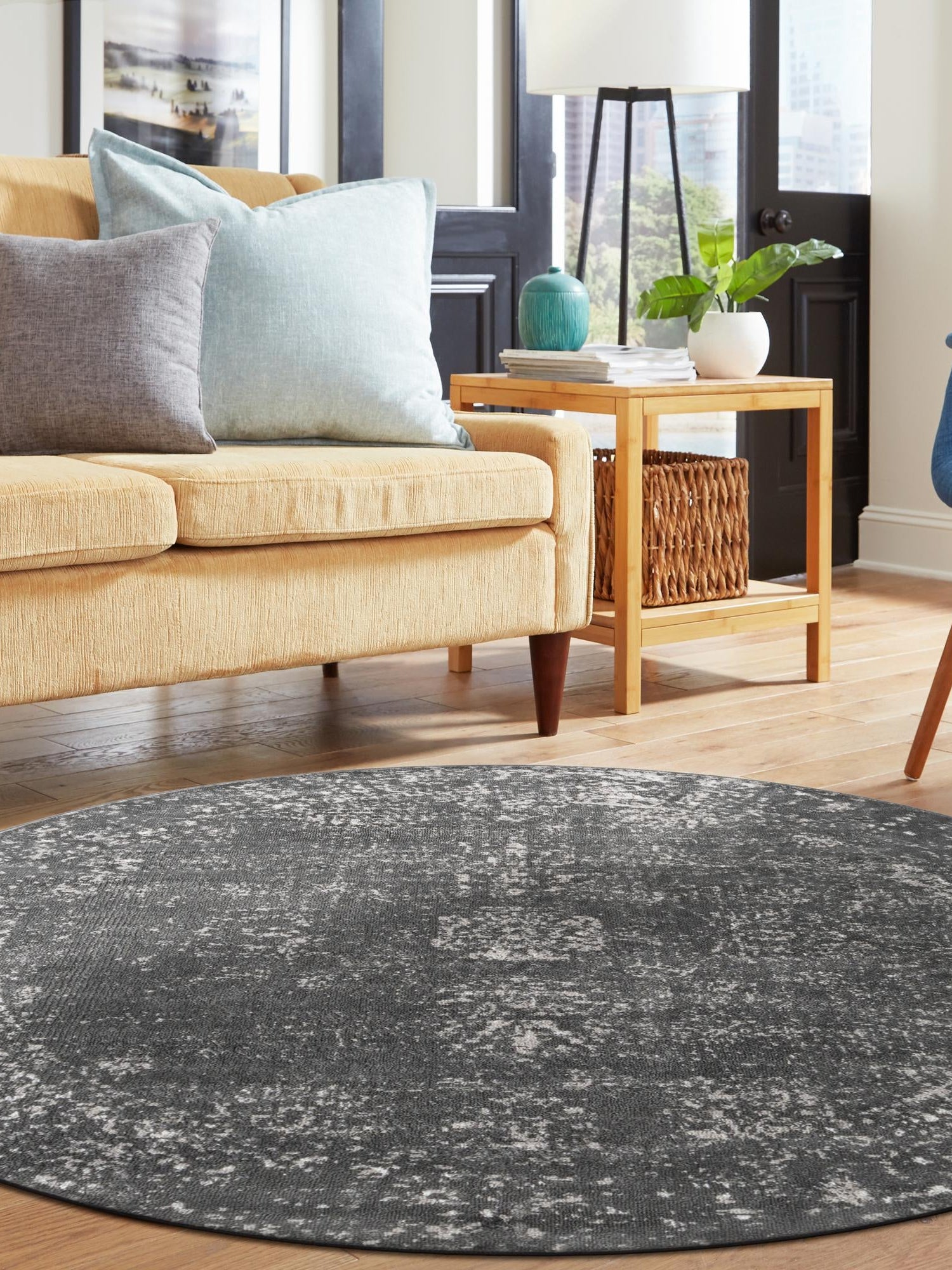 Dark Gray 7' 1 x 7' 1 Sofia Round Area Rug Durable Easy Clean Stain Resistant Unique Carpet for Affordable Interior Home Design for Sale at Rug Engine
