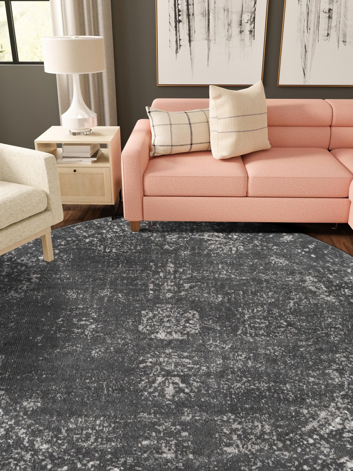 Dark Gray 7' 1 x 7' 1 Sofia Round Area Rug Durable Easy Clean Stain Resistant Unique Carpet for Affordable Interior Home Design for Sale at Rug Engine
