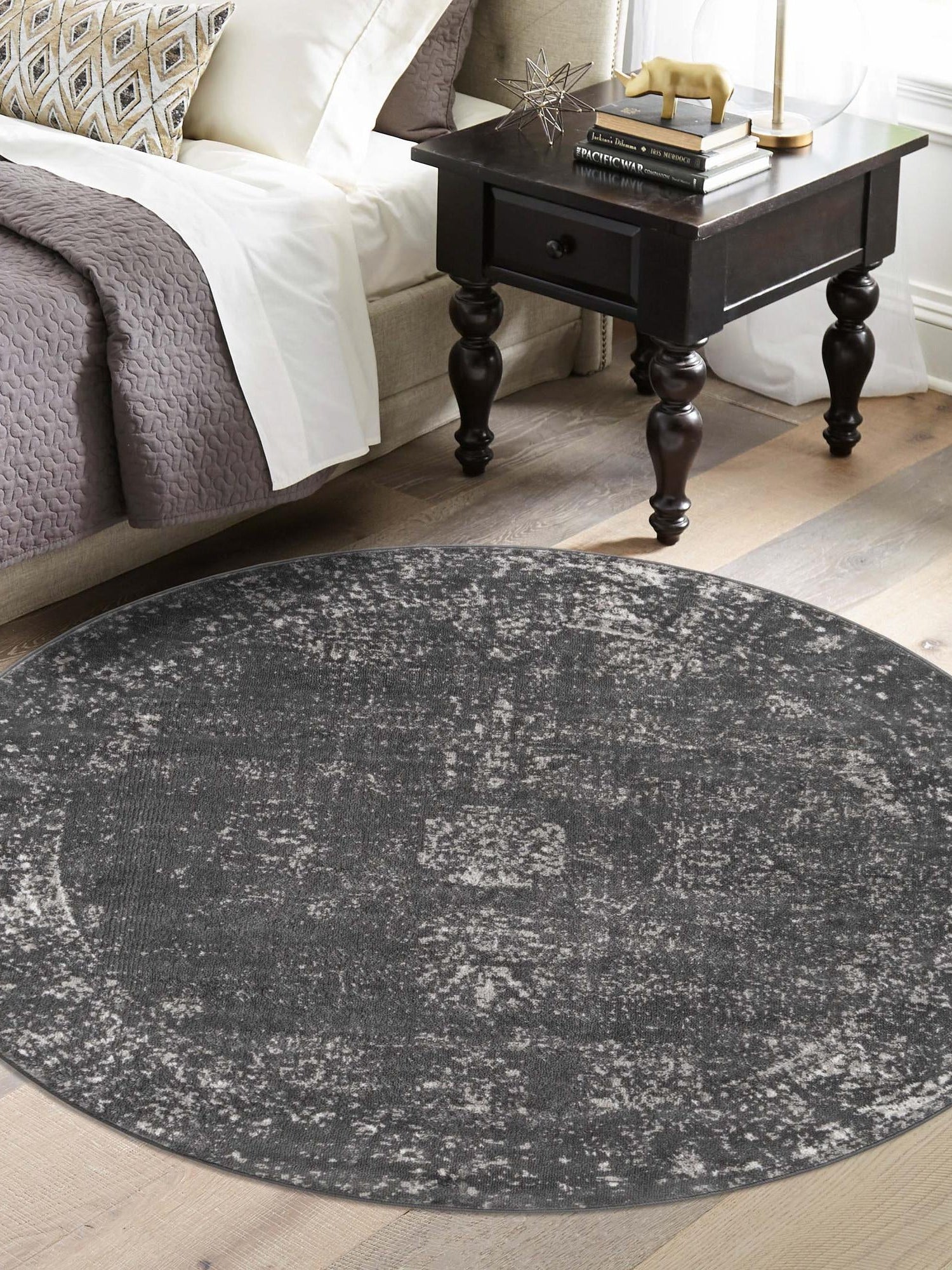 Dark Gray 5' 3 x 5' 3 Sofia Round Area Rug Durable Easy Clean Stain Resistant Unique Carpet for Affordable Interior Home Design for Sale at Rug Engine