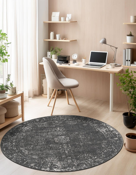 Dark Gray 5' 3 x 5' 3 Sofia Round Area Rug Durable Easy Clean Stain Resistant Unique Carpet for Affordable Interior Home Design for Sale at Rug Engine