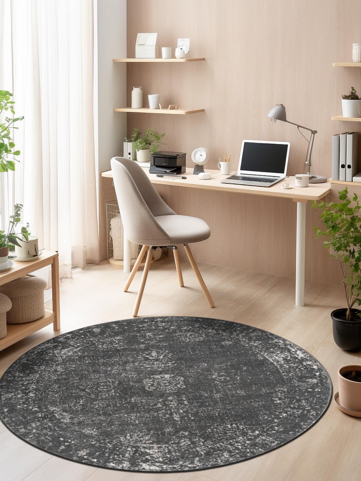 Dark Gray 7' 1 x 7' 1 Sofia Round Area Rug Durable Easy Clean Stain Resistant Unique Carpet for Affordable Interior Home Design for Sale at Rug Engine