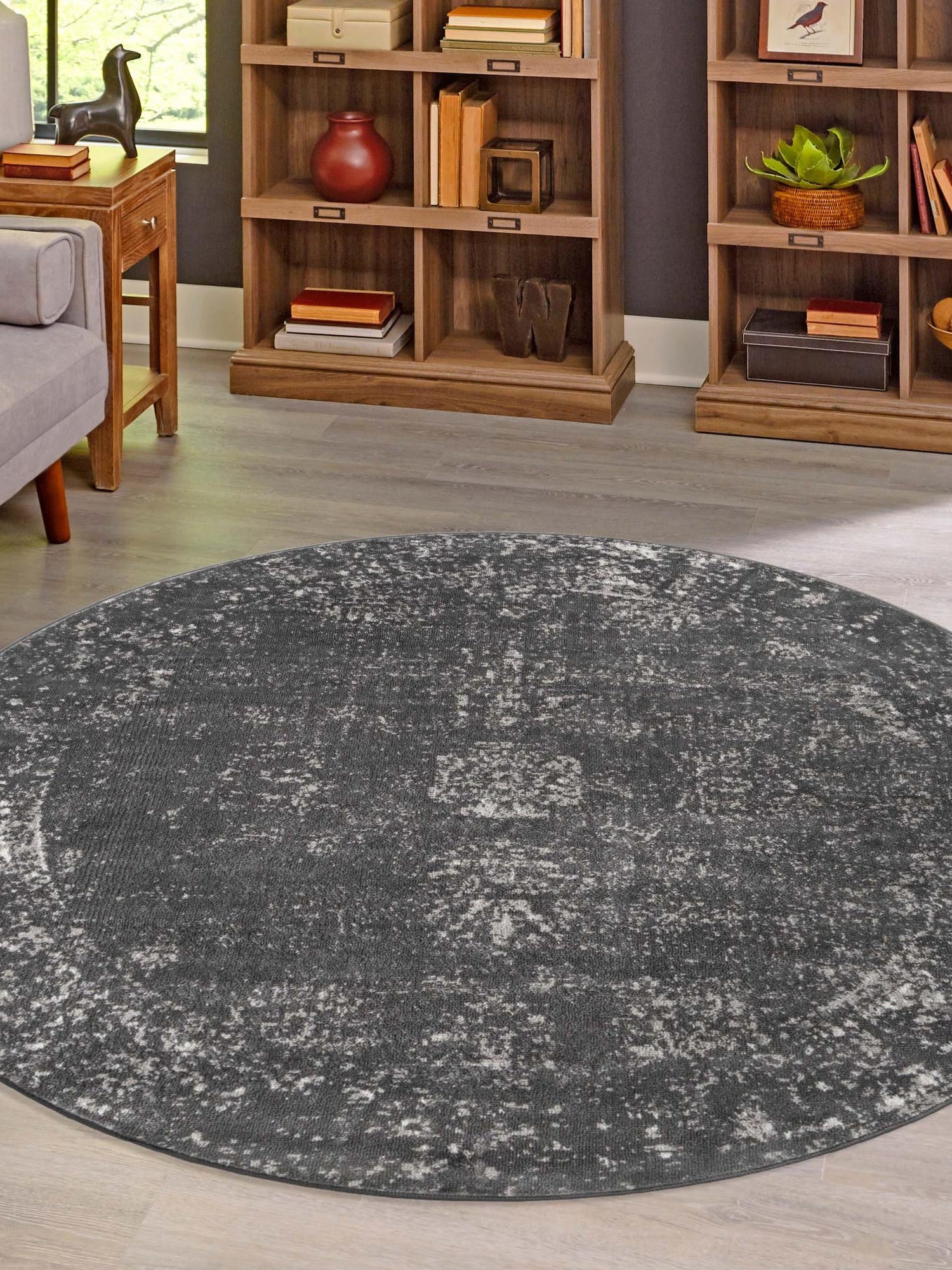 Dark Gray 7' 1 x 7' 1 Sofia Round Area Rug Durable Easy Clean Stain Resistant Unique Carpet for Affordable Interior Home Design for Sale at Rug Engine