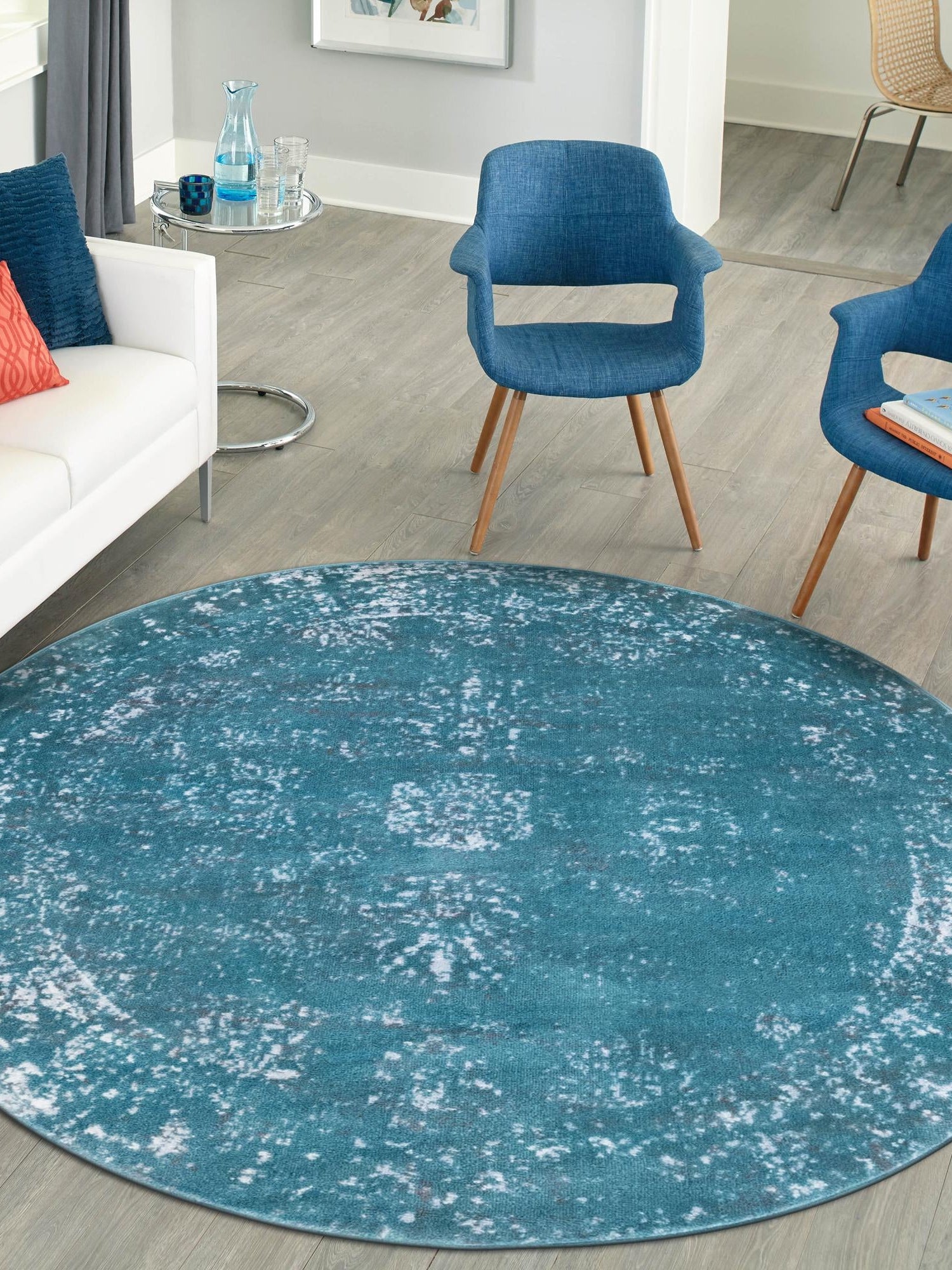 Turquoise 5' 3 x 5' 3 Sofia Round Area Rug Durable Easy Clean Stain Resistant Unique Carpet for Affordable Interior Home Design for Sale at Rug Engine
