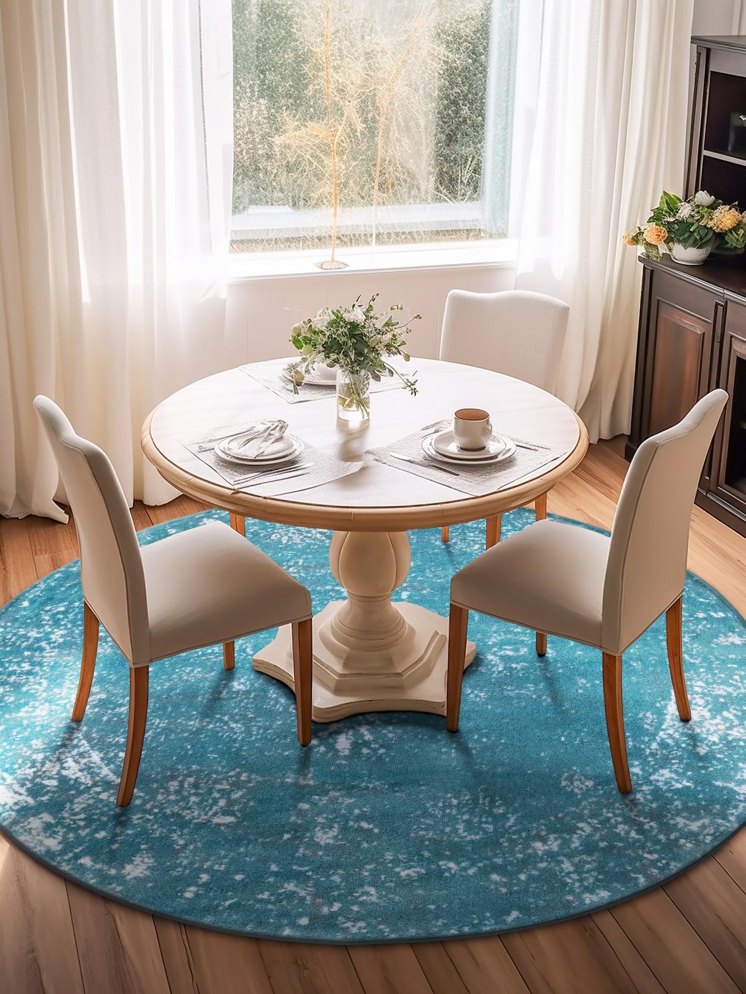 Turquoise 5' 3 x 5' 3 Sofia Round Area Rug Durable Easy Clean Stain Resistant Unique Carpet for Affordable Interior Home Design for Sale at Rug Engine