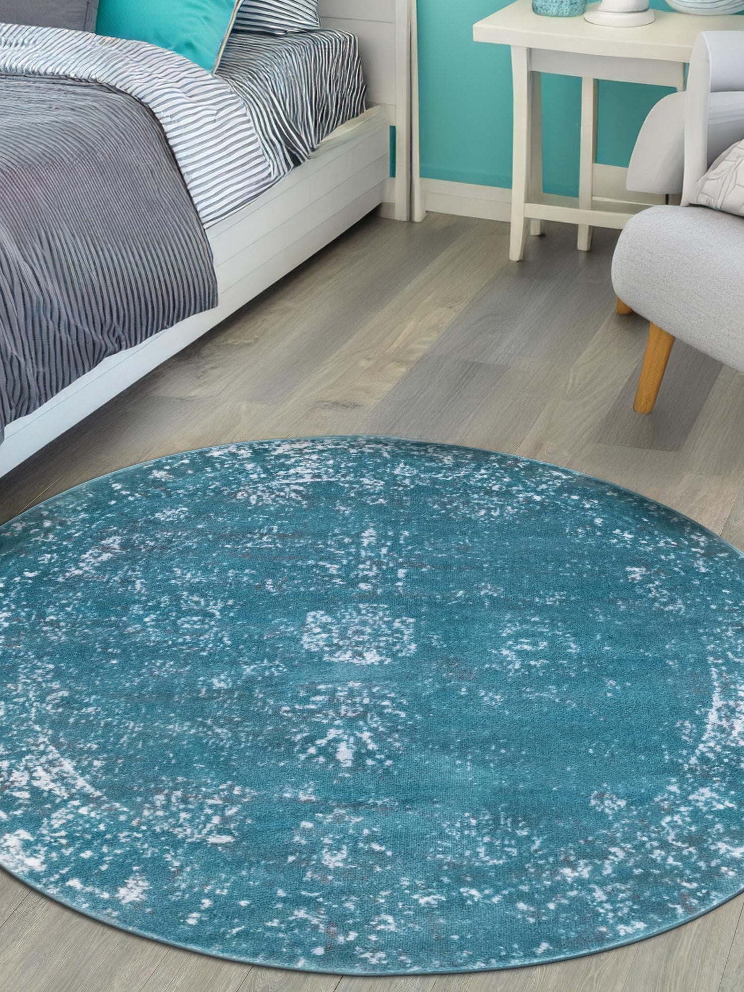 Turquoise 5' 3 x 5' 3 Sofia Round Area Rug Durable Easy Clean Stain Resistant Unique Carpet for Affordable Interior Home Design for Sale at Rug Engine