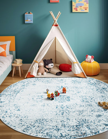 Light Blue 7' 1 x 7' 1 Sofia Round Area Rug Durable Easy Clean Stain Resistant Unique Carpet for Affordable Interior Home Design for Sale at Rug Engine