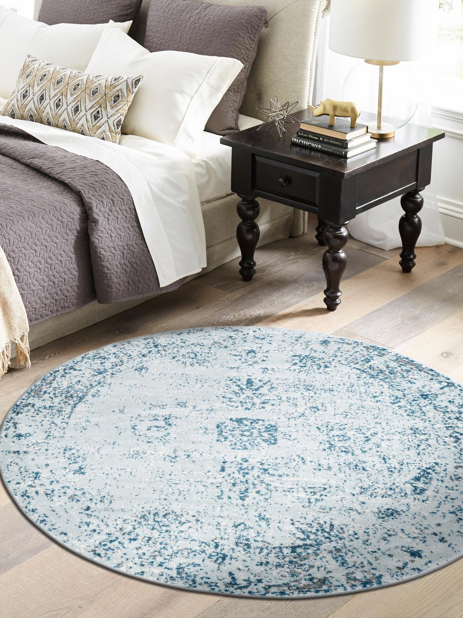 Light Blue 5' 3 x 5' 3 Sofia Round Area Rug Durable Easy Clean Stain Resistant Unique Carpet for Affordable Interior Home Design for Sale at Rug Engine