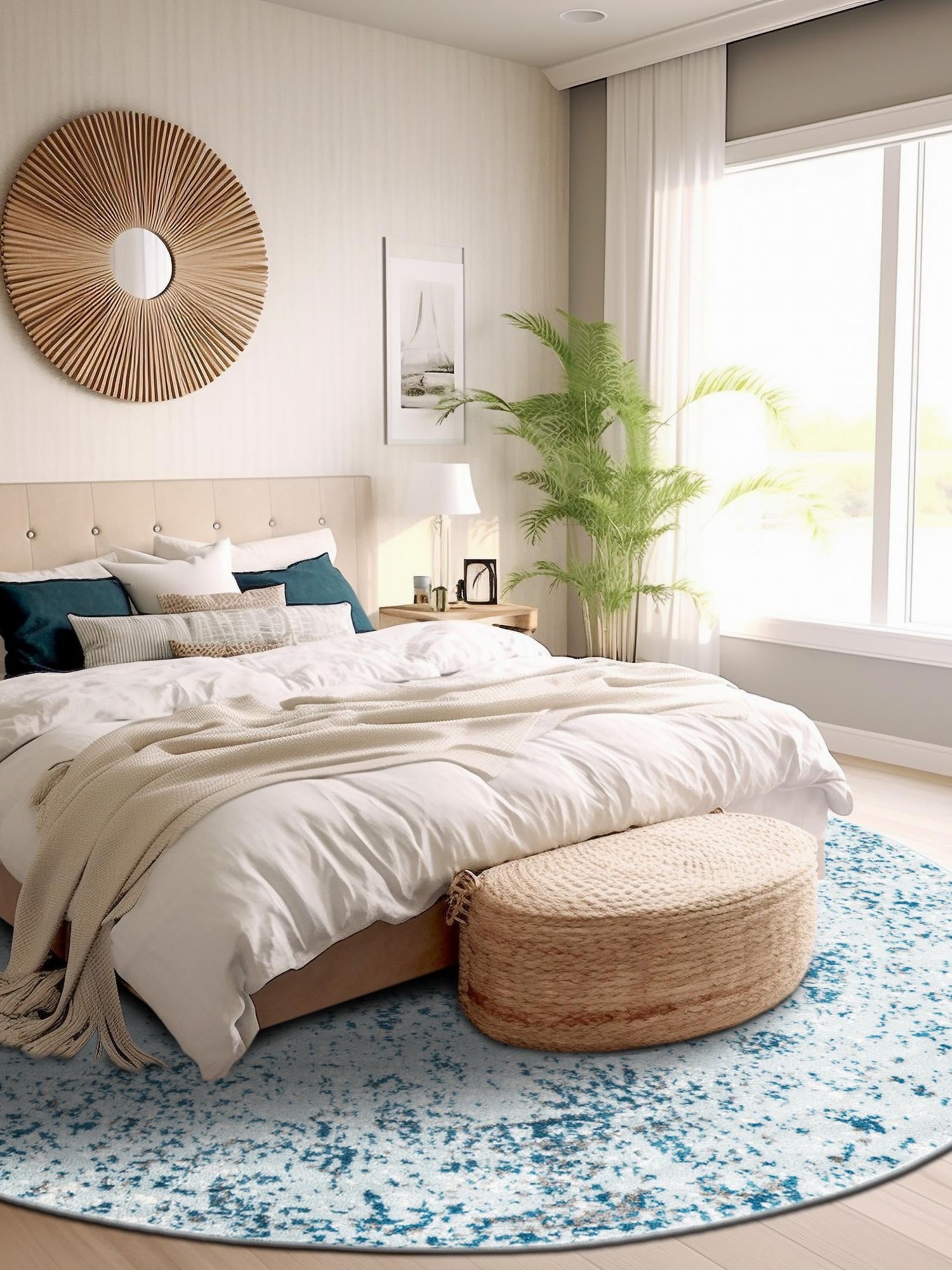 Light Blue 3' 1 x 3' 1 Sofia Round Area Rug Durable Easy Clean Stain Resistant Unique Carpet for Affordable Interior Home Design for Sale at Rug Engine