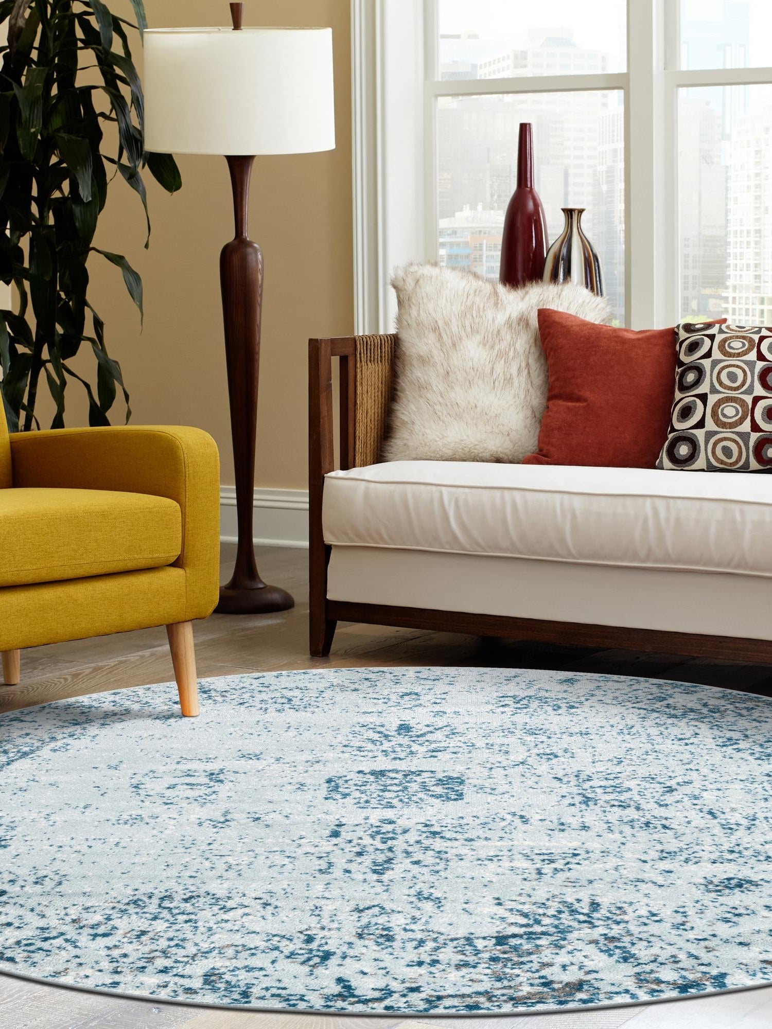 Light Blue 7' 10 x 7' 10 Sofia Round Area Rug Durable Easy Clean Stain Resistant Unique Carpet for Affordable Interior Home Design for Sale at Rug Engine