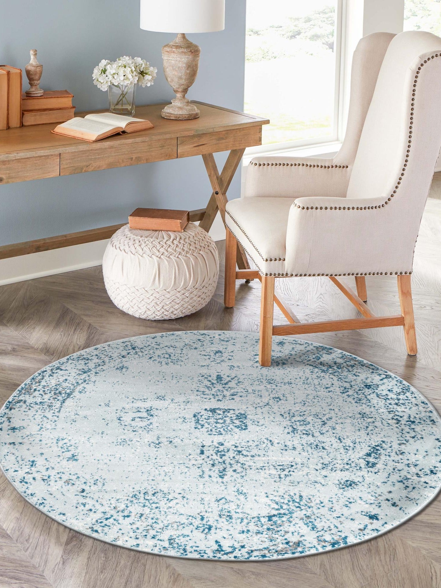 Light Blue 12' x 12' Sofia Round Area Rug Durable Easy Clean Stain Resistant Unique Carpet for Affordable Interior Home Design for Sale at Rug Engine