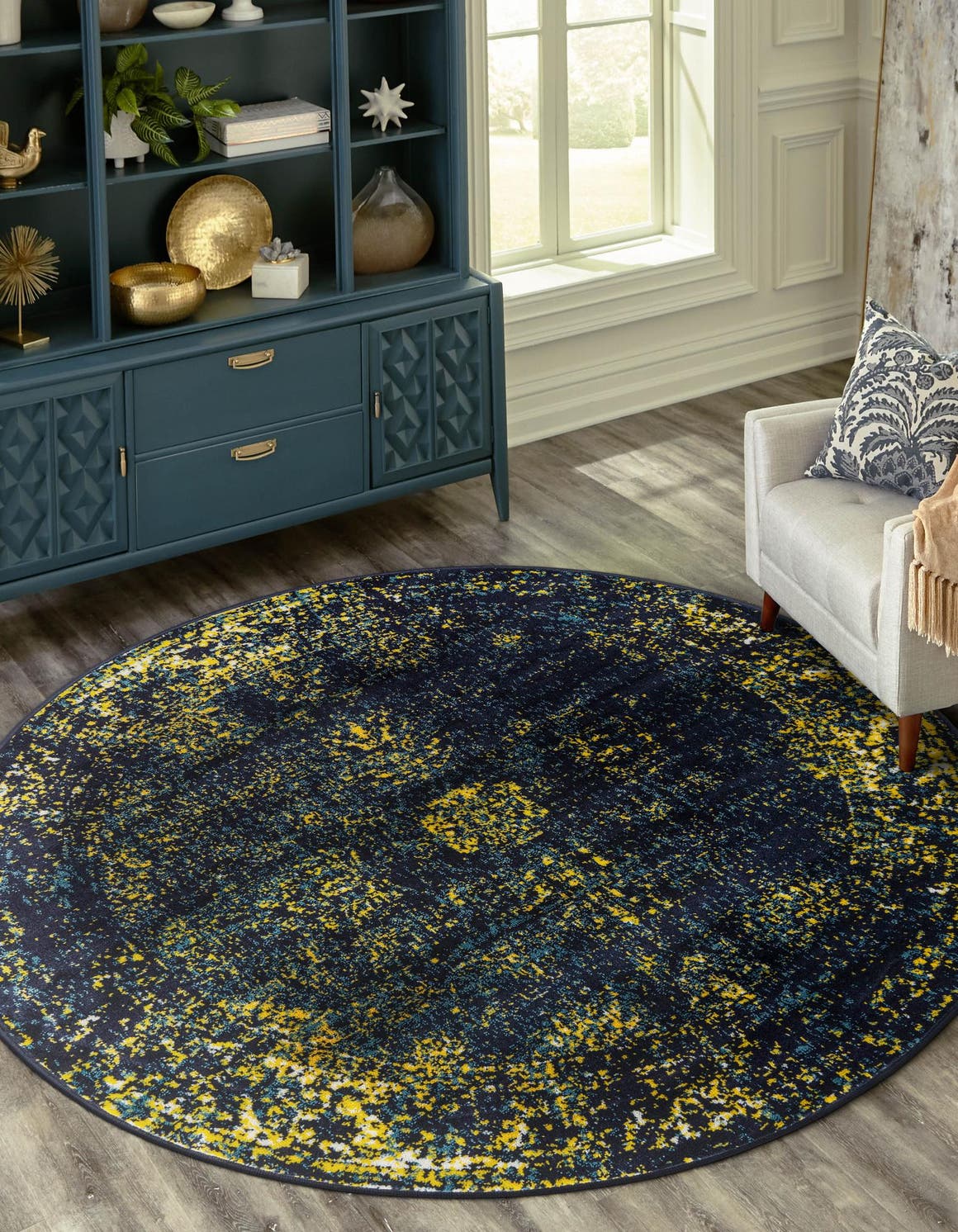 Navy Blue 7' 1 x 7' 1 Sofia Round Area Rug Durable Easy Clean Stain Resistant Unique Carpet for Affordable Interior Home Design for Sale at Rug Engine