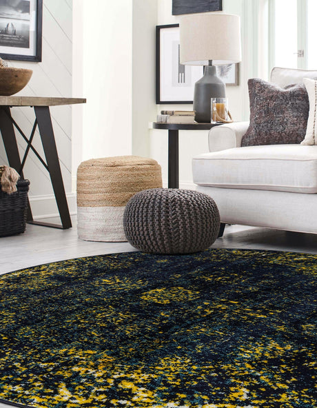Navy Blue 7' 1 x 7' 1 Sofia Round Area Rug Durable Easy Clean Stain Resistant Unique Carpet for Affordable Interior Home Design for Sale at Rug Engine