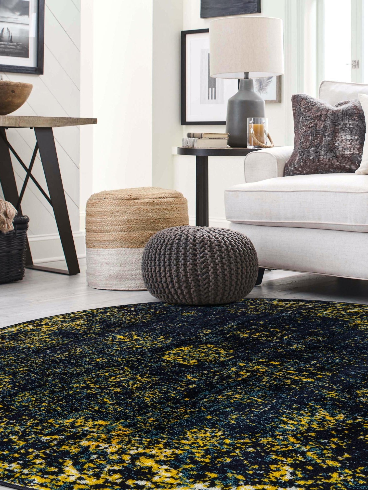 Navy Blue 5' 3 x 5' 3 Sofia Round Area Rug Durable Easy Clean Stain Resistant Unique Carpet for Affordable Interior Home Design for Sale at Rug Engine