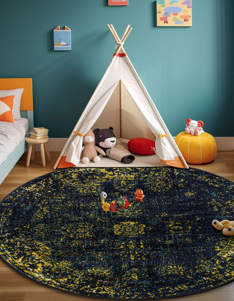 Navy Blue 7' 1 x 7' 1 Sofia Round Area Rug Durable Easy Clean Stain Resistant Unique Carpet for Affordable Interior Home Design for Sale at Rug Engine