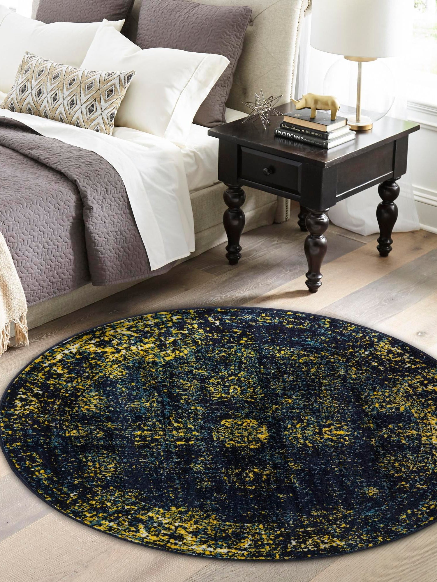 Navy Blue 5' 3 x 5' 3 Sofia Round Area Rug Durable Easy Clean Stain Resistant Unique Carpet for Affordable Interior Home Design for Sale at Rug Engine