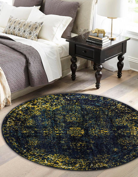 Navy Blue 5' 3 x 5' 3 Sofia Round Area Rug Durable Easy Clean Stain Resistant Unique Carpet for Affordable Interior Home Design for Sale at Rug Engine