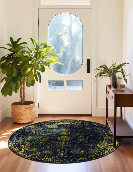 Navy Blue 7' 1 x 7' 1 Sofia Round Area Rug Durable Easy Clean Stain Resistant Unique Carpet for Affordable Interior Home Design for Sale at Rug Engine