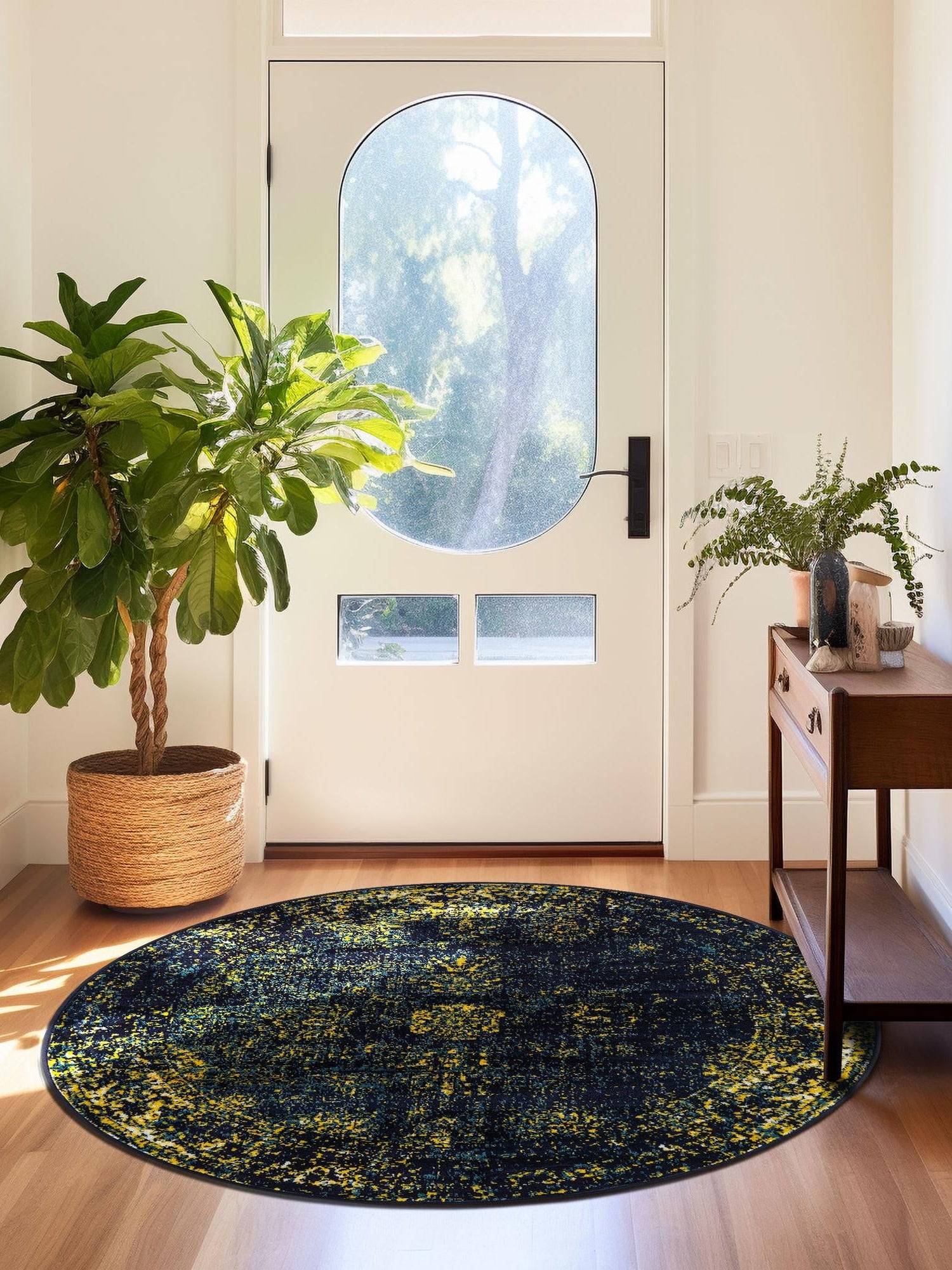 Navy Blue 5' 3 x 5' 3 Sofia Round Area Rug Durable Easy Clean Stain Resistant Unique Carpet for Affordable Interior Home Design for Sale at Rug Engine
