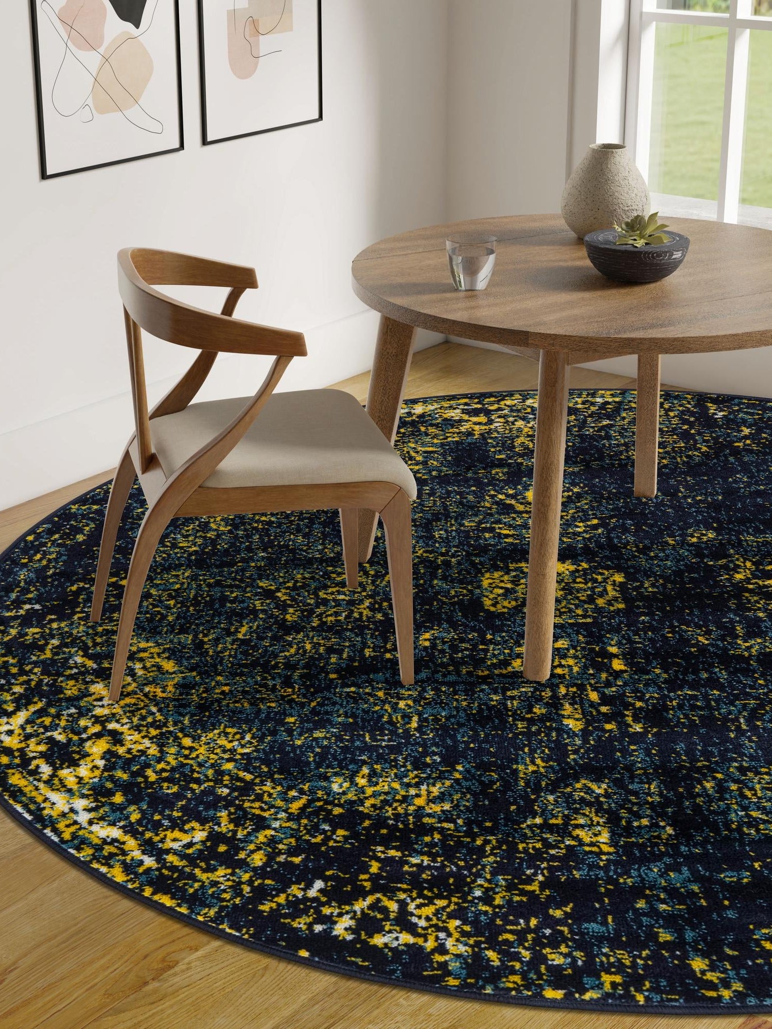 Navy Blue 5' 3 x 5' 3 Sofia Round Area Rug Durable Easy Clean Stain Resistant Unique Carpet for Affordable Interior Home Design for Sale at Rug Engine