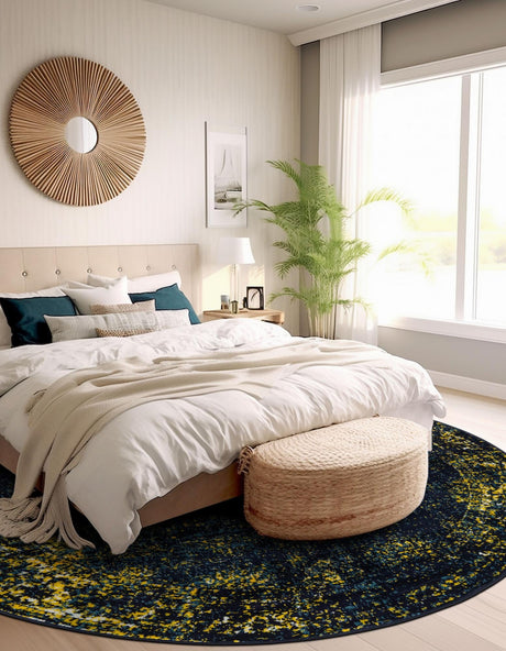Navy Blue 5' 3 x 5' 3 Sofia Round Area Rug Durable Easy Clean Stain Resistant Unique Carpet for Affordable Interior Home Design for Sale at Rug Engine