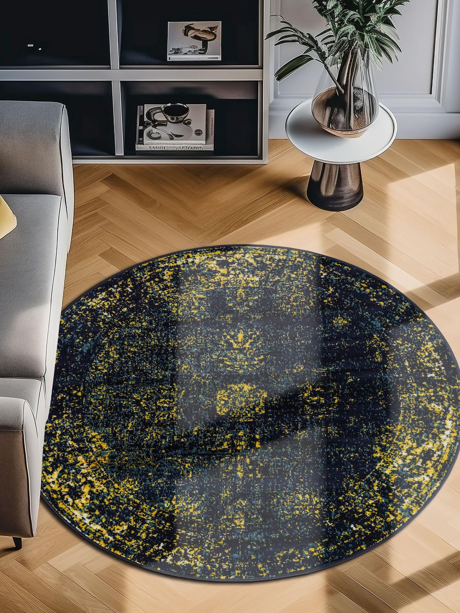 Navy Blue 5' 3 x 5' 3 Sofia Round Area Rug Durable Easy Clean Stain Resistant Unique Carpet for Affordable Interior Home Design for Sale at Rug Engine