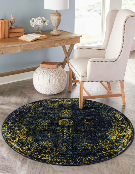 Navy Blue 7' 1 x 7' 1 Sofia Round Area Rug Durable Easy Clean Stain Resistant Unique Carpet for Affordable Interior Home Design for Sale at Rug Engine