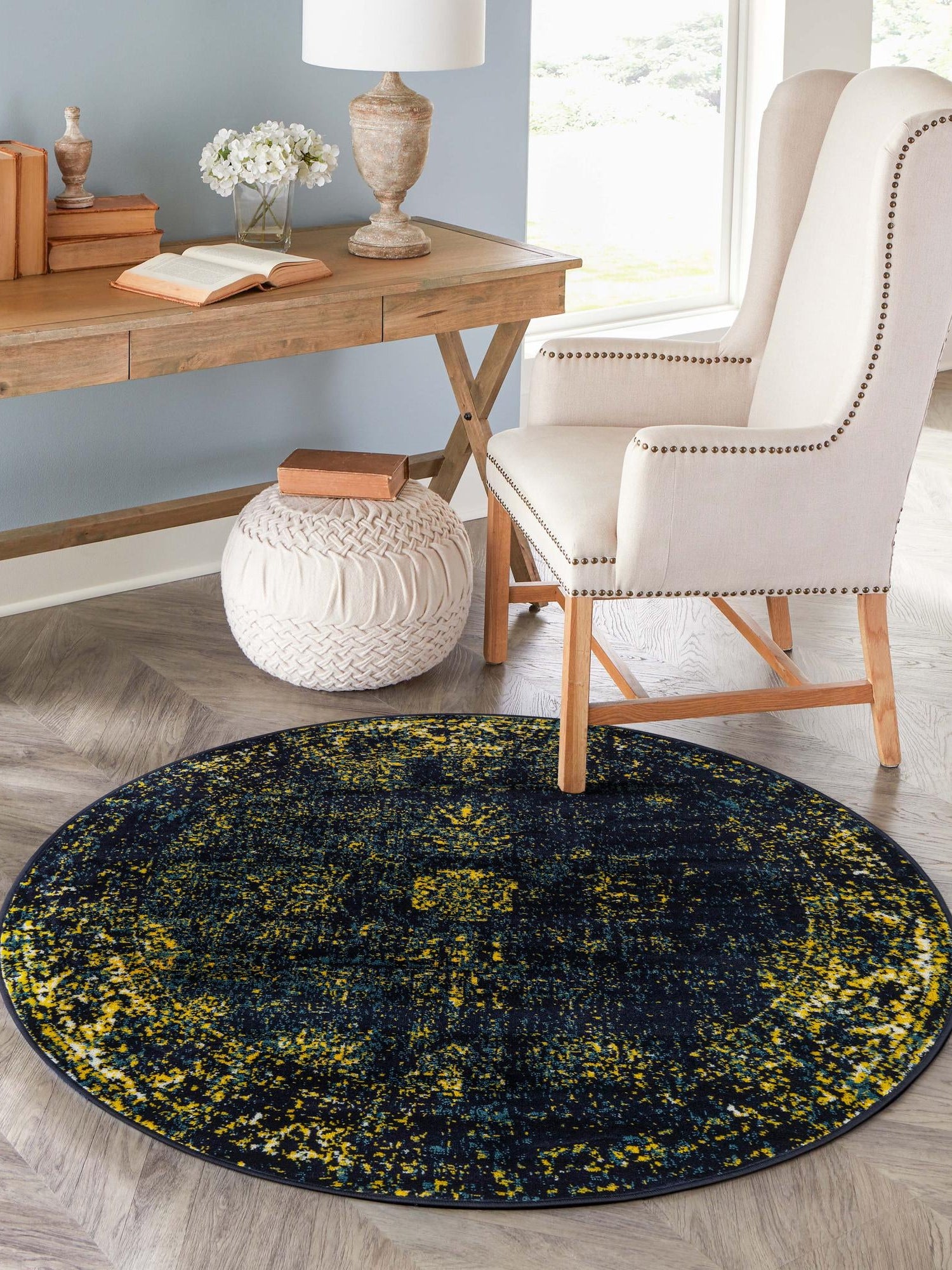 Navy Blue 5' 3 x 5' 3 Sofia Round Area Rug Durable Easy Clean Stain Resistant Unique Carpet for Affordable Interior Home Design for Sale at Rug Engine