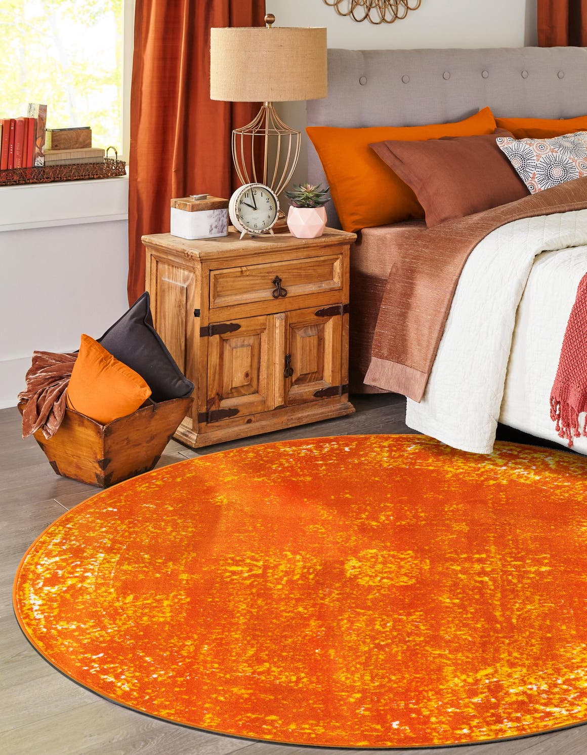 Orange 7' 1 x 7' 1 Sofia Round Area Rug Durable Easy Clean Stain Resistant Unique Carpet for Affordable Interior Home Design for Sale at Rug Engine