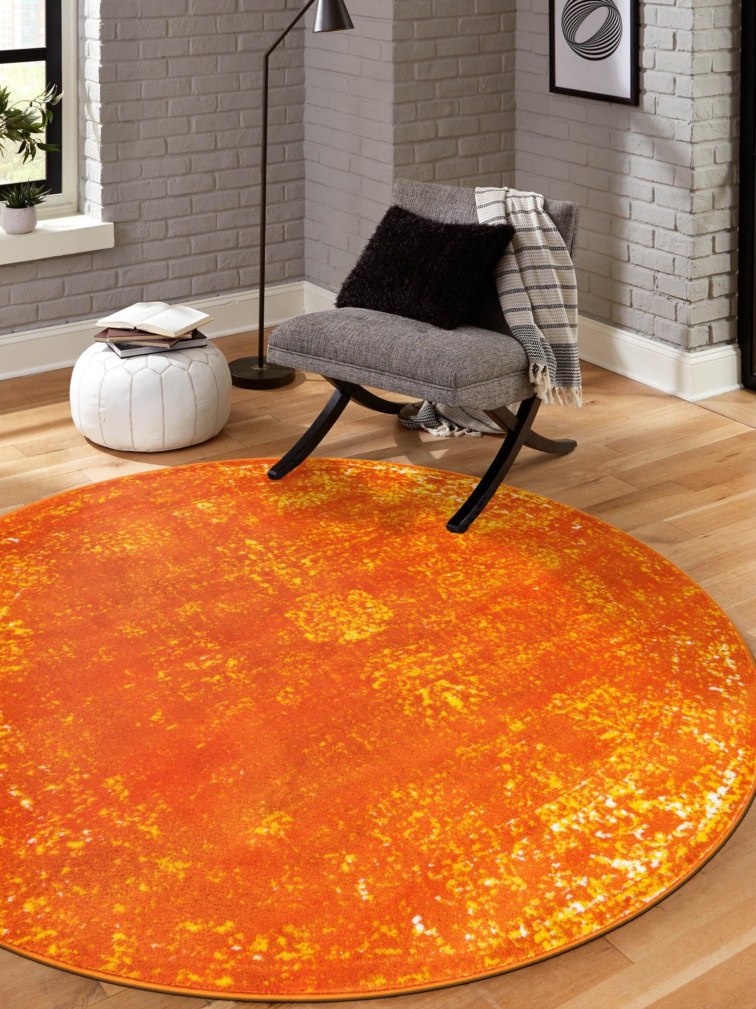 Orange 7' 1 x 7' 1 Sofia Round Area Rug Durable Easy Clean Stain Resistant Unique Carpet for Affordable Interior Home Design for Sale at Rug Engine