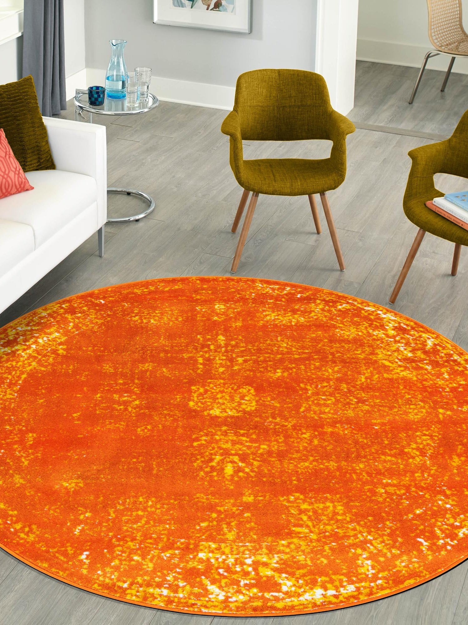 Orange 7' 1 x 7' 1 Sofia Round Area Rug Durable Easy Clean Stain Resistant Unique Carpet for Affordable Interior Home Design for Sale at Rug Engine