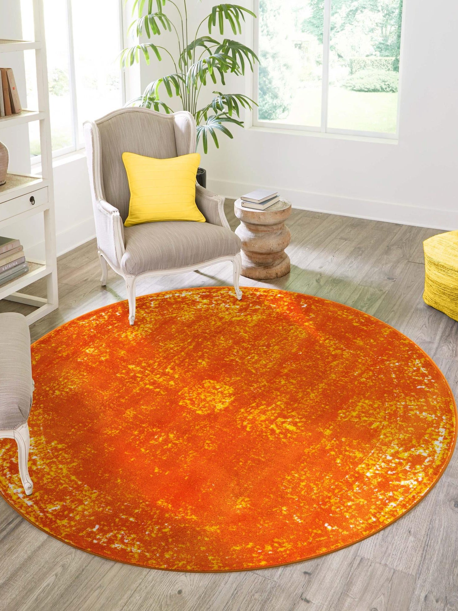 Orange 7' 1 x 7' 1 Sofia Round Area Rug Durable Easy Clean Stain Resistant Unique Carpet for Affordable Interior Home Design for Sale at Rug Engine