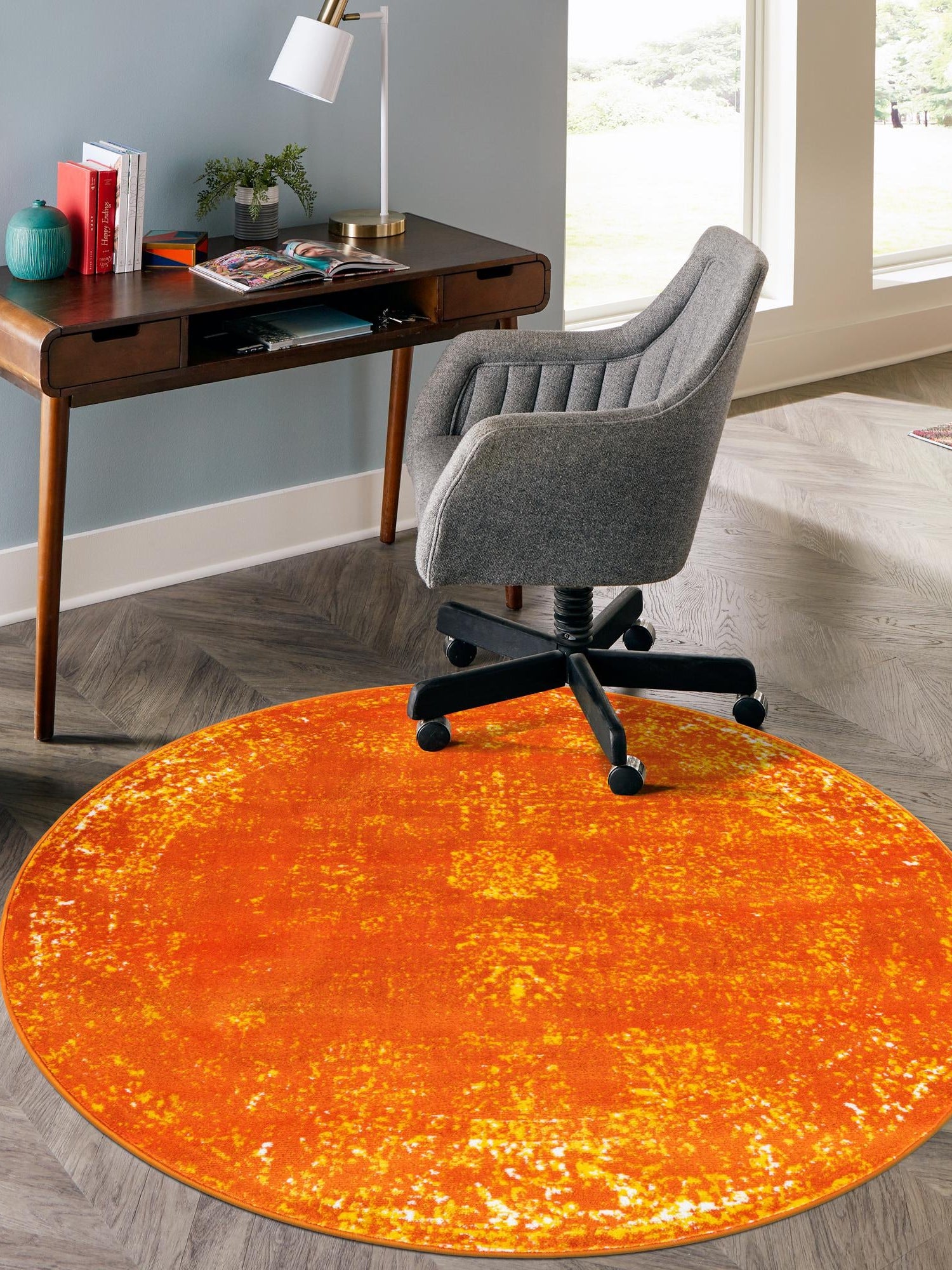 Orange 7' 1 x 7' 1 Sofia Round Area Rug Durable Easy Clean Stain Resistant Unique Carpet for Affordable Interior Home Design for Sale at Rug Engine