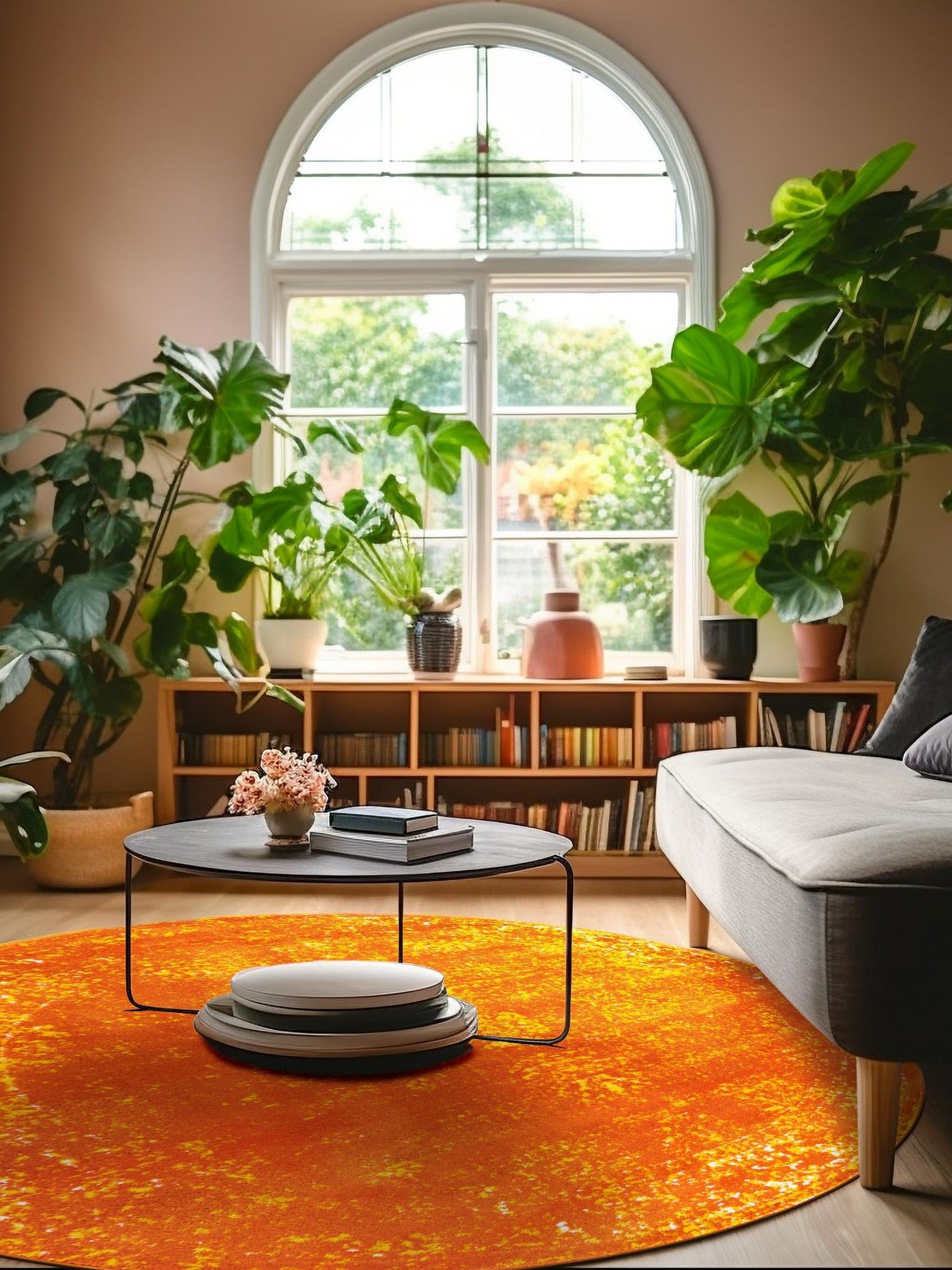 Orange 7' 1 x 7' 1 Sofia Round Area Rug Durable Easy Clean Stain Resistant Unique Carpet for Affordable Interior Home Design for Sale at Rug Engine