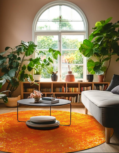 Orange 7' 1 x 7' 1 Sofia Round Area Rug Durable Easy Clean Stain Resistant Unique Carpet for Affordable Interior Home Design for Sale at Rug Engine