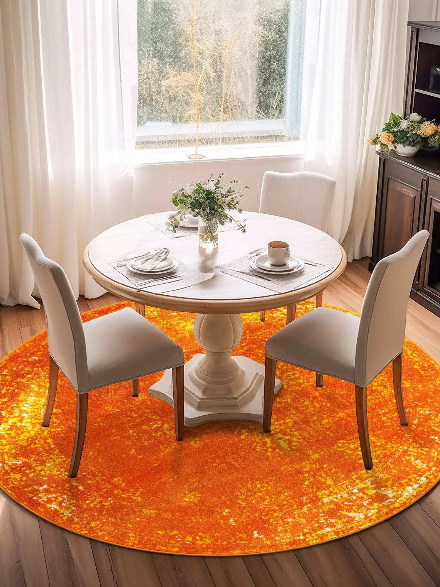 Orange 7' 1 x 7' 1 Sofia Round Area Rug Durable Easy Clean Stain Resistant Unique Carpet for Affordable Interior Home Design for Sale at Rug Engine