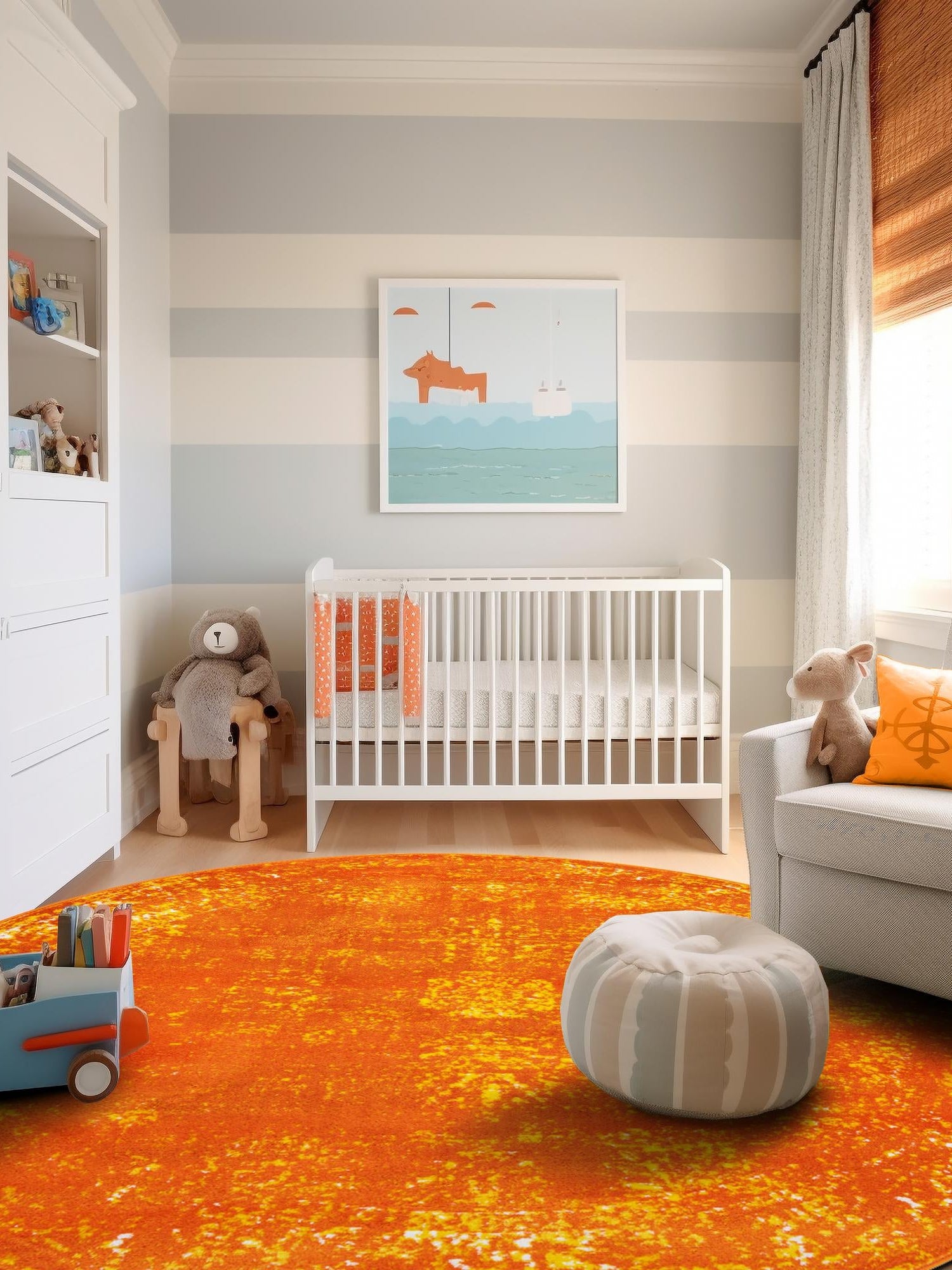 Orange 7' 1 x 7' 1 Sofia Round Area Rug Durable Easy Clean Stain Resistant Unique Carpet for Affordable Interior Home Design for Sale at Rug Engine