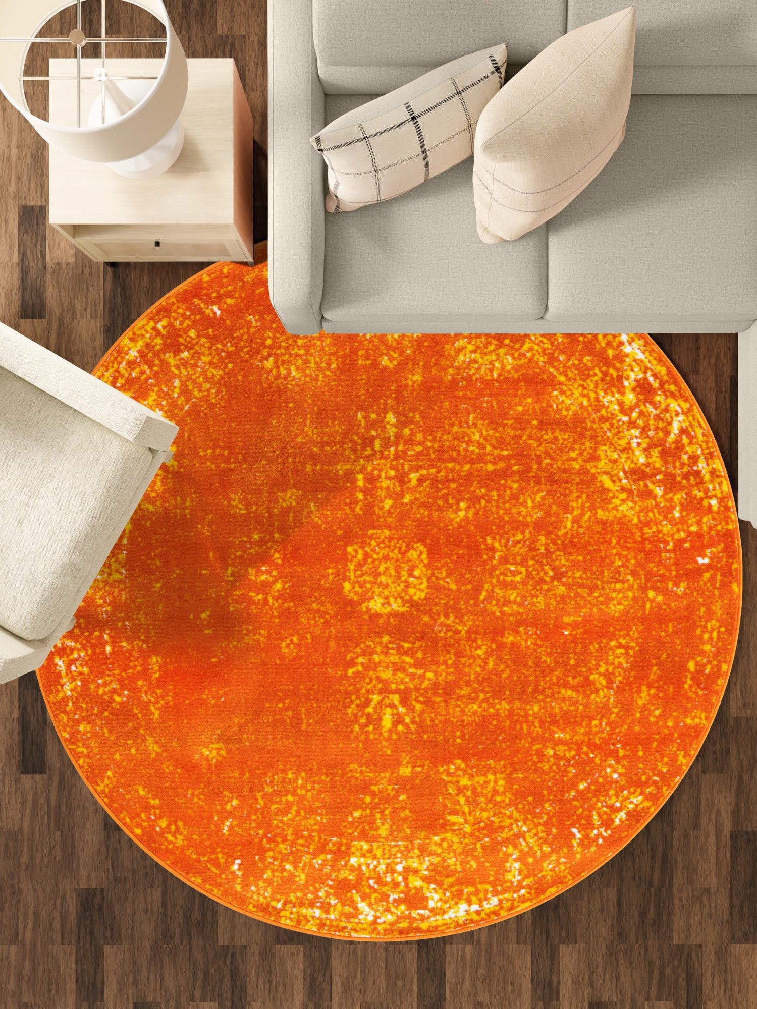 Orange 7' 1 x 7' 1 Sofia Round Area Rug Durable Easy Clean Stain Resistant Unique Carpet for Affordable Interior Home Design for Sale at Rug Engine