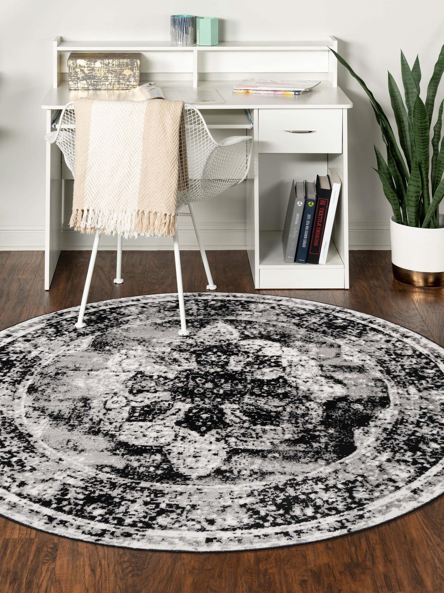 Black 3' 1 x 3' 1 Sofia Round Area Rug Durable Easy Clean Stain Resistant Unique Carpet for Affordable Interior Home Design for Sale at Rug Engine
